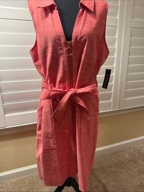 Sharagano Coral Zip-Front Sleeveless Midi Dress with Belt